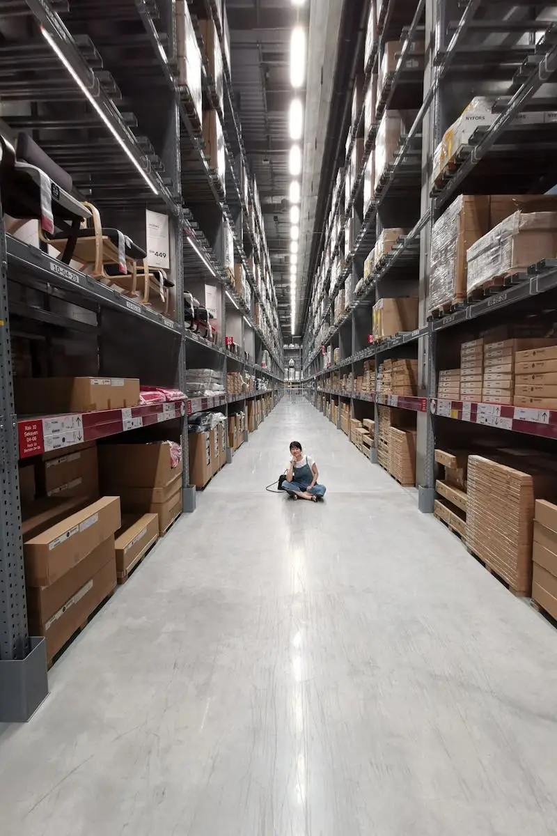 An Asian woman sits in a large warehouse aisle filled with inventory racks and shelves.